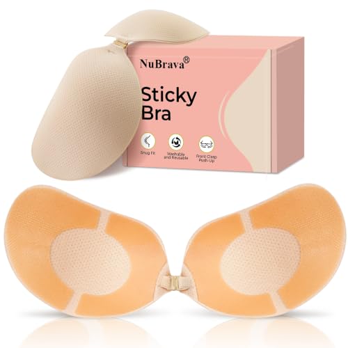 Image of Sticky Bra Push Up, Strapless Adhesive Bra, Backless Dress No Show | Perforated cups, glue-free center, stick-on hold, front clasp lift, reusable Invisible bra for low-cut outfits and hot days