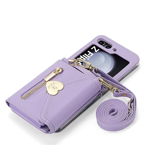 for Samsung Galaxy Z Flip 5 Case with Love Flip Wallet, Large Capacity for 8 Card Slots, and Long Strap - a Mini, Fashionable Crossbody Bag for Young, Stylish Women Shopping(Z Flip 5,Purple)