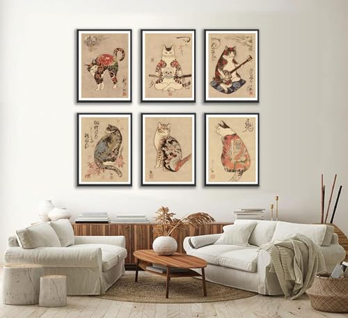 Nbyartq 6Pcs Japanese Samurai Cat Wall Art Prints Of Posters Japan Bushido Decor Kung Fu Paintings Tattoo Funny Fantasy Photo Picture Canvas Poster Painting For Living Room Print Bedroom Home Artwork thumb #1