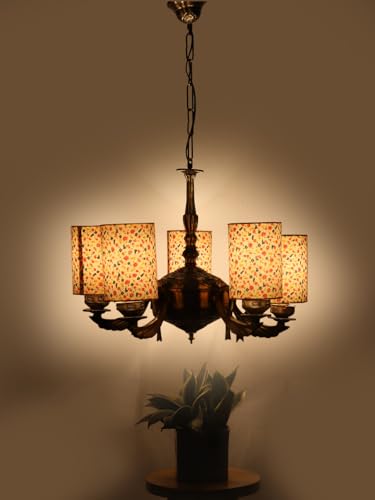 Image of Devansh 05-Light Round Printed Multicolor Cotton Shade Chandelier - Antique Golden Finish | Adjustable Cord | Warm Glow Lamp - Ceiling Light for Living Room, Dining Area, BedroomDecor - D18