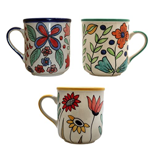 Taza de café con diseño de flores, pintada a mano, de cerámica, 400 ml, apta para lavavajillas (juego de 3 unidades) Cover