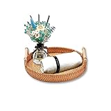 OFIDELITY 9.4 Inch Wicker Round Serving Tray with Wooden Handle, Handmade Rattan Basket, Perfect for Holiday Decor, Holds Bread and Fruit