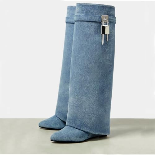 Image of keleimusi Fold Over Wedge Boots Heeled PadLock Pant Knee High Shoes Tall /Short Booties in Black