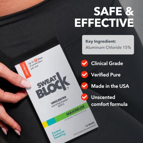 Image of SweatBlock Original Clinical Strength Antiperspirant Wipes - Stops Excessive Sweat Up to 7 Days | Hyperhidrosis Treatment for Men & Women (10 Count - Unscented)