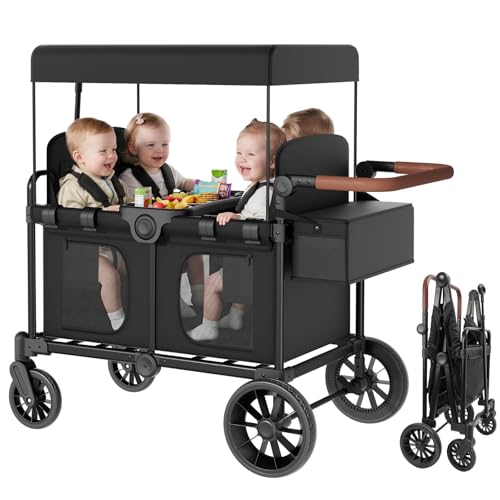 Babytronic 4 Seater Wagon Stroller for Kids Folding Wagon Stroller with Removable Canopy Adjustable Push/Pull Handle Parent Organizer 5-Point Safety Harnesses & Detachable Snack Tray