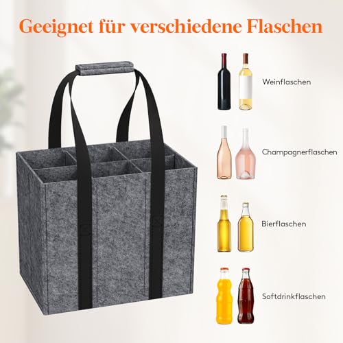 Lifewit Flaschentasche, Stabil Filz Flaschenträger mit Griff, Faltbare Flaschenkorb Wohnmobil für Wein, Getränke, Weinflaschen, Bottle, Grau, Für 6 Flaschen, 1 Stück