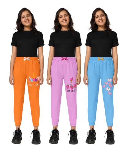 Image of KYDA KIDS Girls 100% Cotton Premium Printed Track Pants | Soft Breathable Fabric | Summer Wear Multicolor Trackpants for Girls - Pack of 3
