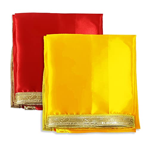 Image of Mandir Pooja Cloth, Pooja Satin Cloth 1 Meter Each red & Yellow, Pooja kapda for Goddess Saraswati /Durga, Pooja chowki aasan kapda, mandir ka kapda