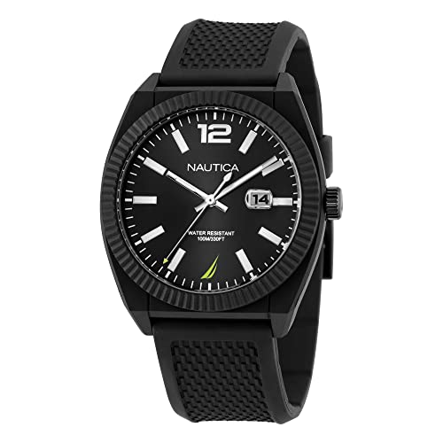 Nautica Herren-Armbanduhr NAPPBS302 Pacific Beach Schwarz Weizen PU-Faserband, Schwarz/Schwarz/Schwarz