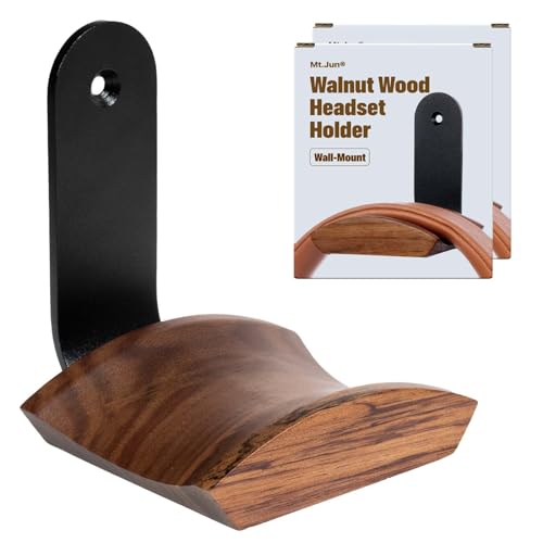 Mt.Jun Wood Headphone Wall Mount Holder, with VHB Adhesive Tape and Screw, Holds 10 lbs (Black & Walnut Wood, 2 Pack)