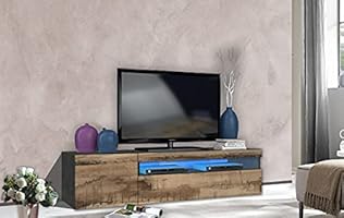 Dmora Wohnzimmer-TV-Ständer, Made in Italy, 2-türiger Wohnzimmer-TV-Ständer, 150x40h37 cm, Farbe Schiefergrau und Ahorn, mit blauem LED-Licht