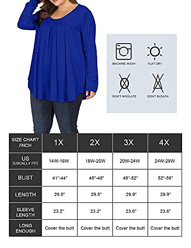 ALLEGRACE Women Plus Size Casual Pleated Long Sleeve Blouse Top Round Neck Flowy T Shirts Black 4X