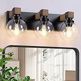 Feanron Farmhouse Bathroom Light Fixtures, 3-Light Rustic Wood Bathroom Lights Over Mirror with Glass Globe Shades, Matte Black Wall Mounted Lamp Vanity Lights for Bathroom Bedroom Living Room Cabinet