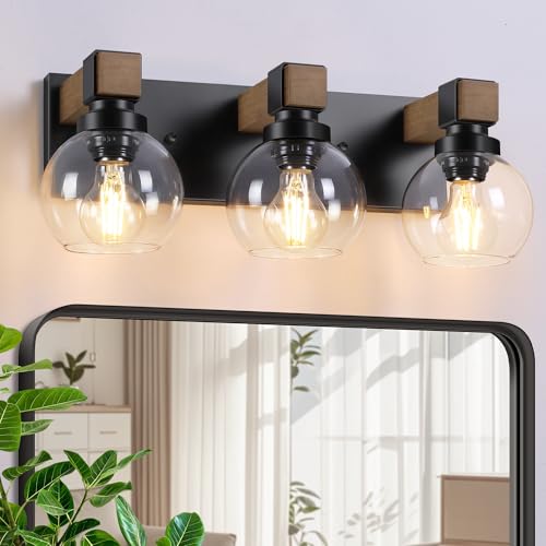 Feanron Farmhouse Bathroom Light Fixtures, 3-Light Rustic Wood Bathroom Lights Over Mirror with Glass Globe Shades, Matte Black Wall Mounted Lamp Vanity Lights for Bathroom Bedroom Living Room Cabinet