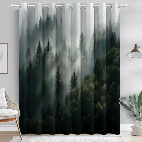 Modern Blackout Curtains for Bedroom, Nature Fog Forest Print Soundproof
