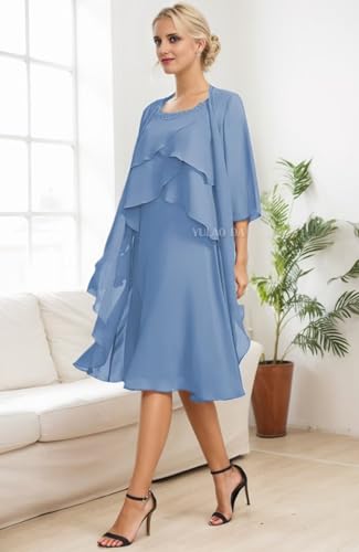 2 Pieces Mother of The Bride Dresses for Women Tiered Chiffon Knee Length Formal Wedding Guest Gowns with Jacket4