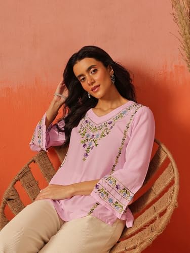 Image of QAZMI Women's Amina Kashmiri Embroidered V-Neck Short Kurti