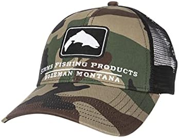Simms Trout Icon Trucker Hat – Snapback Baseball Cap with Trout Fish, Woodland Camo