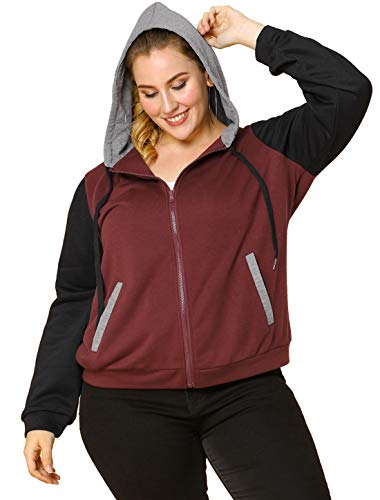 Agnes Orinda Women's Plus Size Jackets Zip Up Pockets Contrast Color Drawstring Hoodie Jacket 3X Red