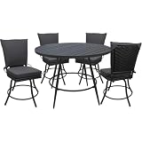 Pemberly Row 5-Piece Patio Dining Set, Dark Gray Linen & Gray, Round 42 in Table, Powder-Coated Aluminum Frame, PE Wicker Back, Removable Cushions, 360° Swivel Chairs, Indoor/Outdoor Dining Use