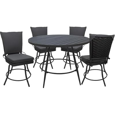 Pemberly Row 5-Piece Patio Dining Set, Dark Gray Linen & Gray, Round 42 in Table, Powder-Coated Aluminum Frame, PE Wicker Back, Removable Cushions, 360° Swivel Chairs, Indoor/Outdoor Dining Use