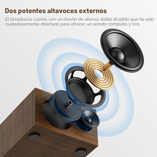 Miniatura 5 de Tocadiscos Bluetooth Con Grabación De Vinilo Vintage, Transmisión Por Correa, Altavoces Estéreo Duales, Reproductor Lp, Entrada Auxiliar Para Auriculares, 3 Velocidades, 3 Tamaños, Marrón