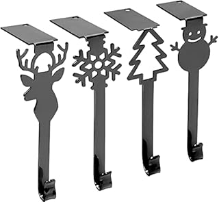 Set of 4 Metal Pattern Christmas Stocking Holder Hooks Xmas Fireplace Hanger Hooks with Scotch Tape Design Holiday Mantel Metal Grip for Hanging Christmas Party Decor Holiday Black 4 Pack T