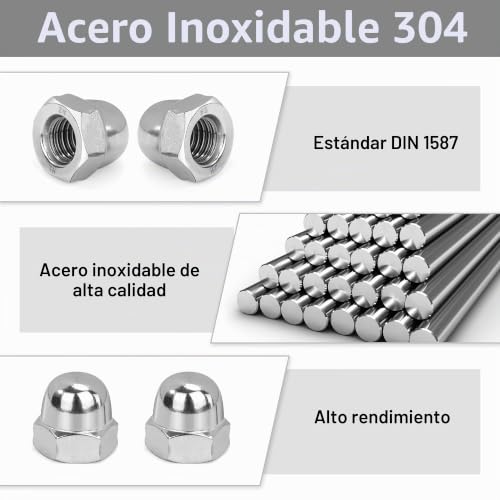 Miniatura 3 de Qimei-Shop Tuercas Ciegas Hexagonales M10 Tuercas De Sombrerete De Acero Inoxidable Tuerca Bellota Para Tornillos Pernos Roscados Varillas Roscadas Según Din 1587 10 Piezas