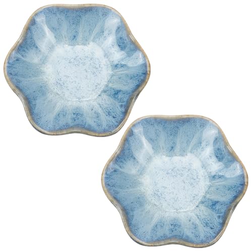 PLIGREAT 2 Pcs Ceramic Spoon Rest for Stove Top, Lotus Leaf Shaped Spoon Holder Cooking Utensil Rest for Spatula Ladle Kitchen Counter Coffee Dining Table Decor Housewarming Gift, Blue
