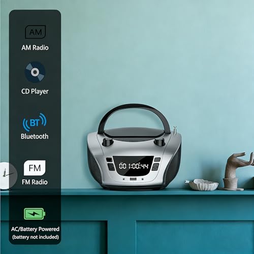 Image of LONPOO Portable CD Boombox -FM & AM Radio, CD Player, Bluetooth, USB, MP3, AUX,Portable, Built-in Stereo Speakers, Carrying Handle, LCD Display,Gray
