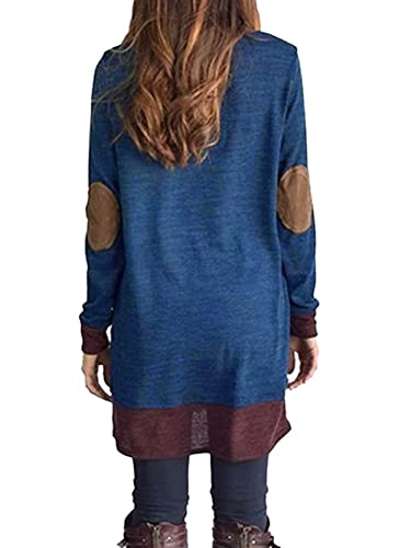 Image of Famulily Women's Cowl Neck Tops Two Tone Color Block Pullovers Elbow Patchs Loose Long Tunic Blouse