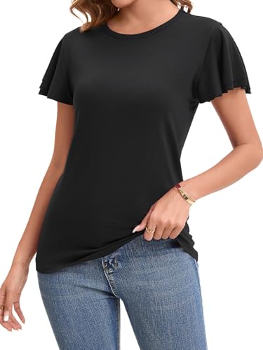 Suncife Camiseta de Verano de Manga Corta para Mujer, Elegante, Casual, con Volantes, Negro, XL