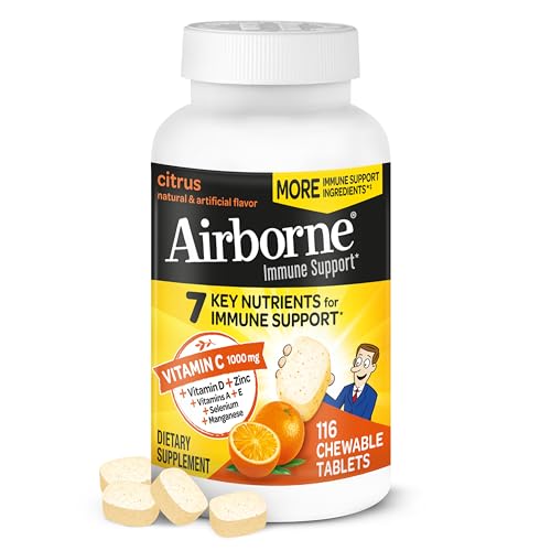 Airborne Vitamin C 1000mg (per Serving) – Citrus Chewable Tablets (116 Count in a Bottle), Gluten-Free Immune Support Supplement, with Vitamins A C E, Zinc, Selenium, Echinacea, Ginger, Antioxidants