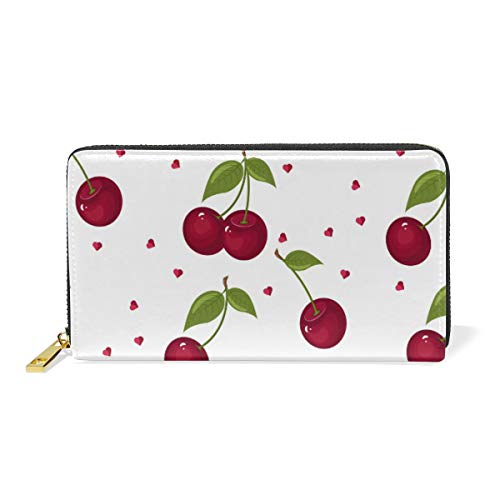 Portefeuille long cuir véritable femme fermeture éclair motif cerises