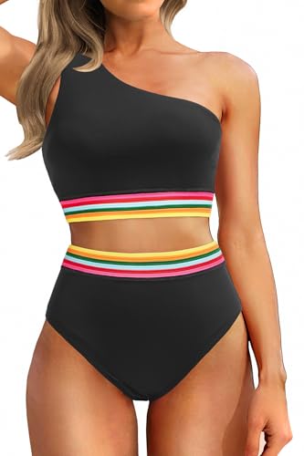Holipick Black Colorful Woven Women One Shoulder Bikini High Waisted
