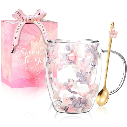 Arefen Dried Flowers Double Wall Glass Tea Cup with Handle