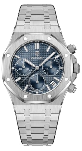 Image of Lorciix Men’s 42mm Stainless Steel Chronograph Watch, Quartz Movement, Octagonal Bezel, Luminous Hands, Date Display, 30M Water Resistant, Butterfly Clasp, Blue/Black/Silver Dial Options, Silver Blue