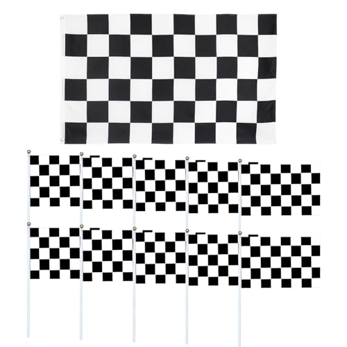 UDNFHL 1 Bandera De Carreras De Celosía En Blanco Y Negro Y 10 Banderas De Manejo A Mano, Decoraciones De Fiestas De Carreras, Banderas De Árbitros, Arreglo De Escena De Fiesta.
