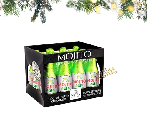 Abtey CASIER NOIR MOJITO Liquor Chocolates Collection - 12 Dark Chocolate Bottles with Mojito Liqueur Filling - Mojito Selection In A Black Crate Gift Box - 108g