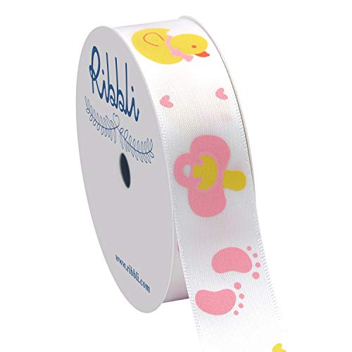 Ribbli Satin Pink Rubber Ducky Craft Ribbon,7/8-Inch x 10-Yard,Pink/White/Yellow,Use for Hair Bows,Wreath,Birthday,Baby Shower,Diaper Cake,Gift Wrapping,Party Decoration,All Crafting and Sewing