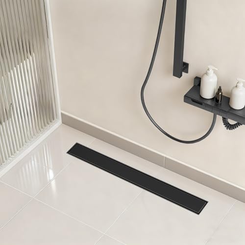 EBYTE Linear Shower Drain, 24 Inch Matte Black 304 Stainless Steel Shower Drain with Tile Insert Panels, Long Rectangle Shower Floor Drain with Adjustable Feet, Hair Catcher, Fits Bathroom, Balcony by ebyte - Image 2