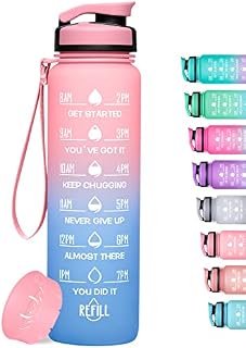 Geritto Motivational Water Bottle with Time Markings, 1000ml Non-Toxic BPA Free Tritan Drinking Bottle with Fruit Strainer, Leak Proof Perfect for Running, Gym, Yoga, Outdoors, and Camping