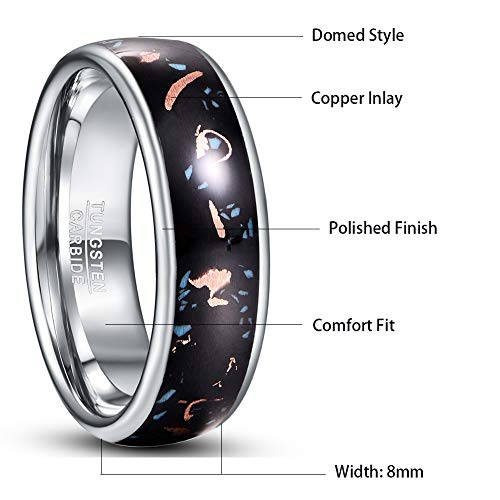 Image of NUNCAD 8mm Tungsten Wedding Band Rings for Men Copper Scraps Inlay Polished Domed Tungsten Carbide Rings Comfort Fit Size 7-12