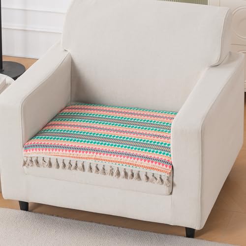 Image of HOKIPO 'Artisan Boho Series' Sofa Cover Mat with Tassel for 1 Seater Sofa | 450 GSM Thick Cotton Acrylic Jacquard Fabric, Mint Green (IN-901-A7*S)