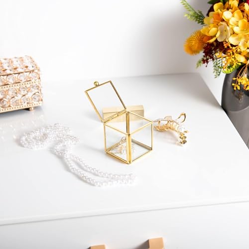 Feyarl Small Glass Jewelry Trinket Box Ornate Rings Earrings Display Shadow Box Treasure Chest Organizer Decorative Keepsake Case with Lid for Wedding Birthday Gift (Gold)