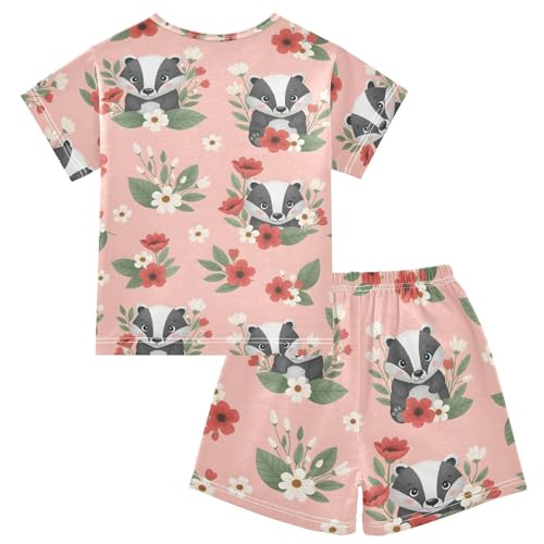 Pajama Short Sets Cute Badgers Among Flowers Pattern Soft Cotton Summer Sleepwear 2 Piece PJS Size 5-14T2