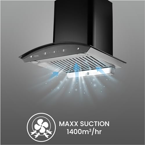Image of Hindware Smart Appliances | Nevio Plus Blk 60cm 1400 m /hr* SS Baffle Filter Wall Mounted Chimney for Kitchen With Classic Look, Touch Control and Auto Clean Technology (Black)