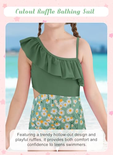 Image of Alakuoti Girls One Piece Swimsuits Cutout Ruffle Bathing Suit Quick Dry Beach Swimwear with Adjustable Strap 5-14 Years