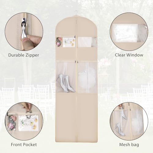 Syeeiex Wedding Dress Bag, Carry On Garment Bag Dress Cover 72 Inch Dress Carrier with Large Pockets & PVC Transparent Window - Image 3