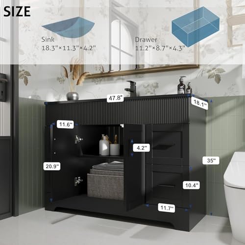 Image of eclife 48 inch Bathroom Vanities Sink Combo with Painted Surface, Modern Drawered Cabinet W /Decorative Wave Lines, Undermount Single Black Sink, Matte Black Faucet Drain, Black